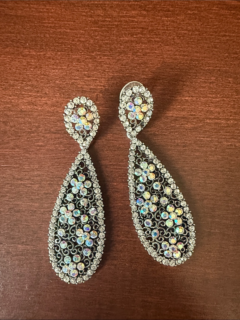 Crystal Teardrop Dangle Earrings in Black and Iridescent